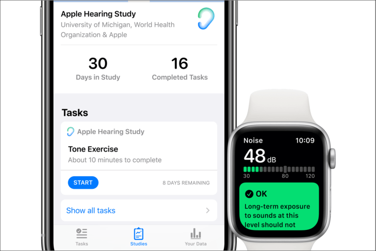 An iPhone displays the Apple Hearing study, and an Apple Watch shows noise levels.