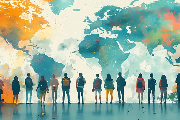 Illustration of students looking at large multicolored global map.